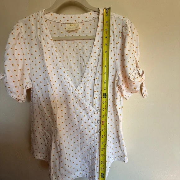 Anthropologie Maeve Shirt Top Women M Cream Linen Polka Dot Wrap Vintage Beach - Picture 11 of 11
